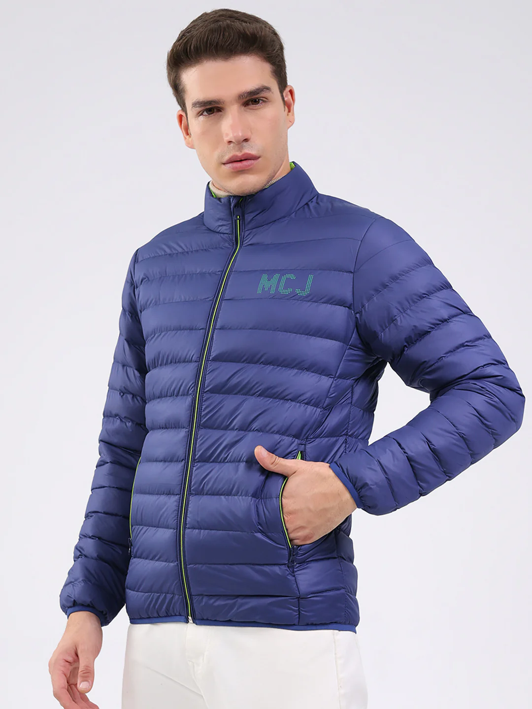 Men Blue Solid Mock Neck Full Sleeve Jacket - Image 3