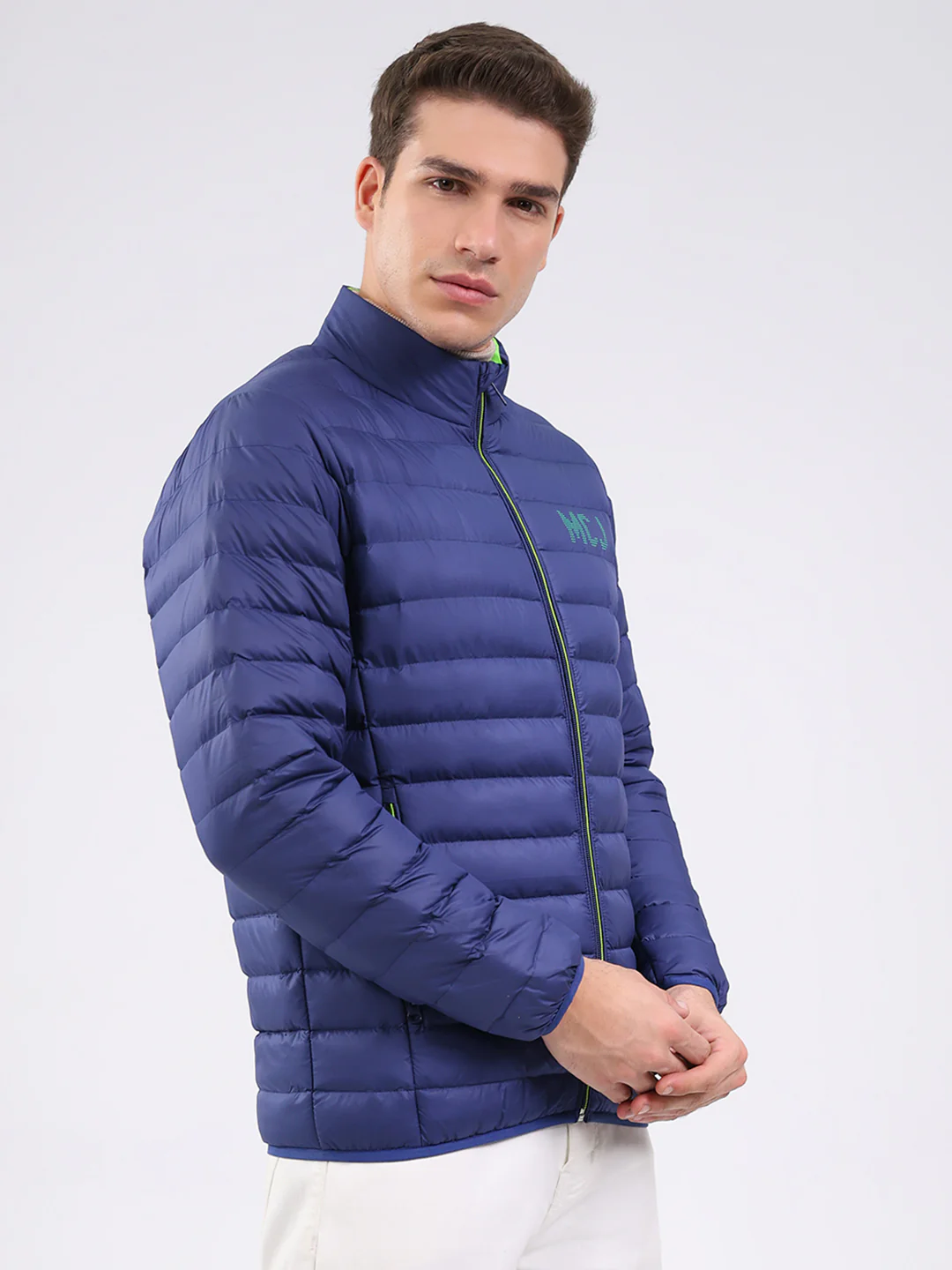 Men Blue Solid Mock Neck Full Sleeve Jacket - Image 4