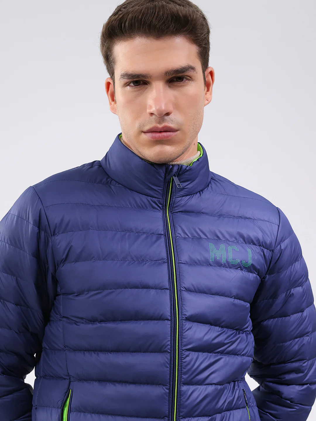 Men Blue Solid Mock Neck Full Sleeve Jacket - Image 6