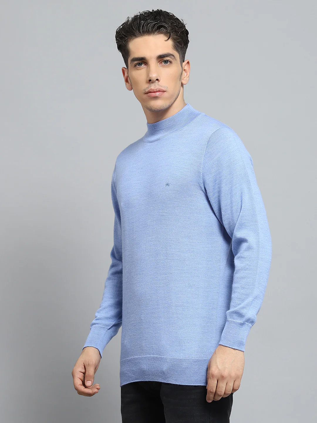 Men Blue Solid Mock Neck Full Sleeve Pullover - Image 3