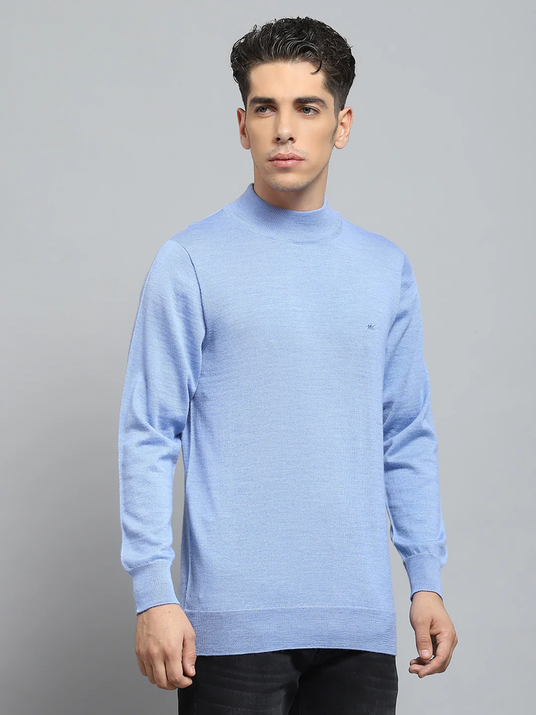 Men Blue Solid Mock Neck Full Sleeve Pullover - Image 4