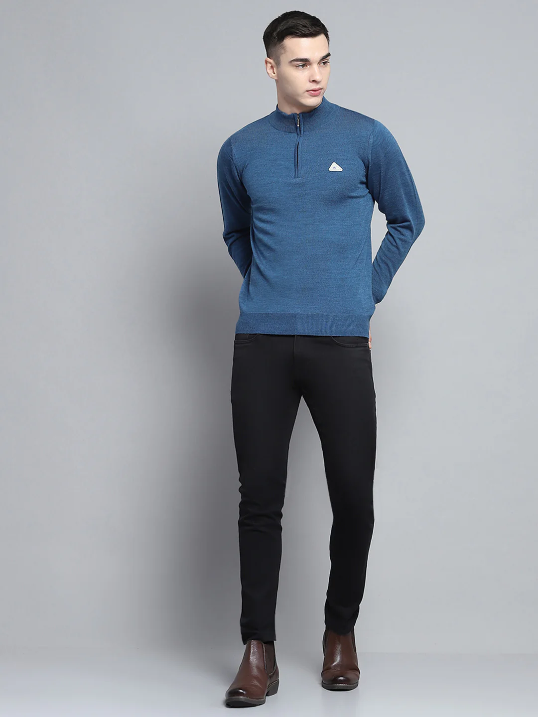 Men Blue Solid Mock Neck Full Sleeve Pullover - Image 2