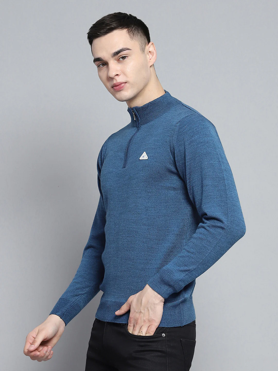 Men Blue Solid Mock Neck Full Sleeve Pullover - Image 3