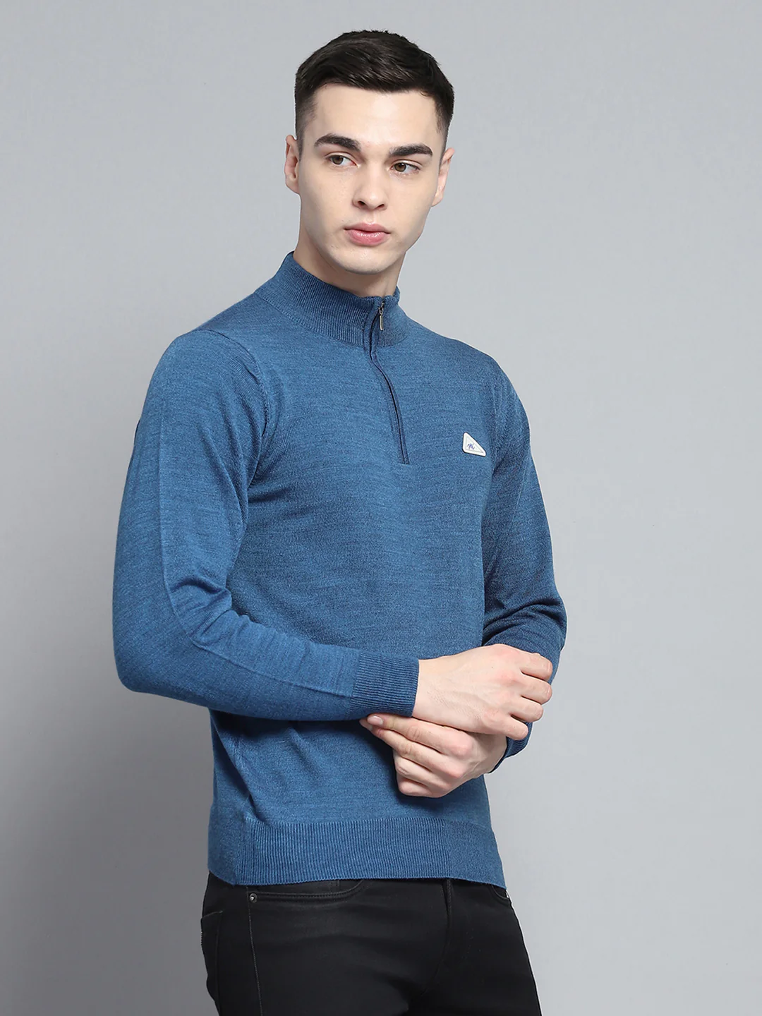 Men Blue Solid Mock Neck Full Sleeve Pullover - Image 4