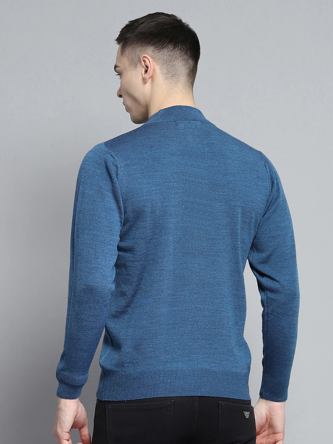 Men Blue Solid Mock Neck Full Sleeve Pullover - Image 5