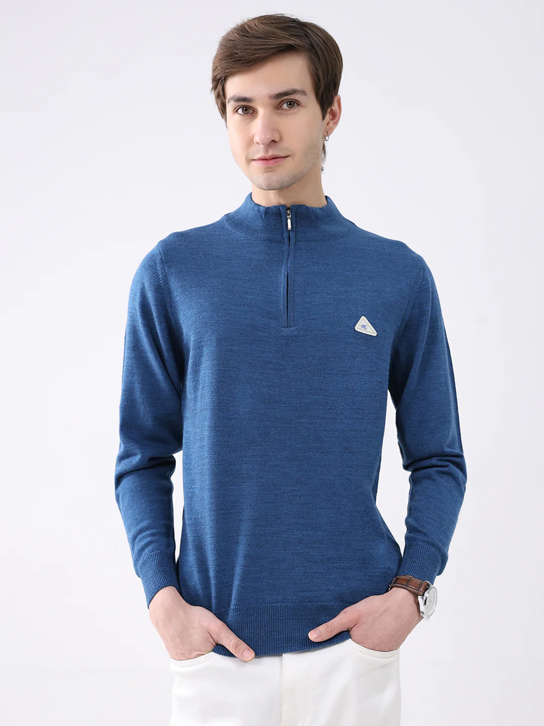 Men Blue Solid Mock Neck Full Sleeve Pullover