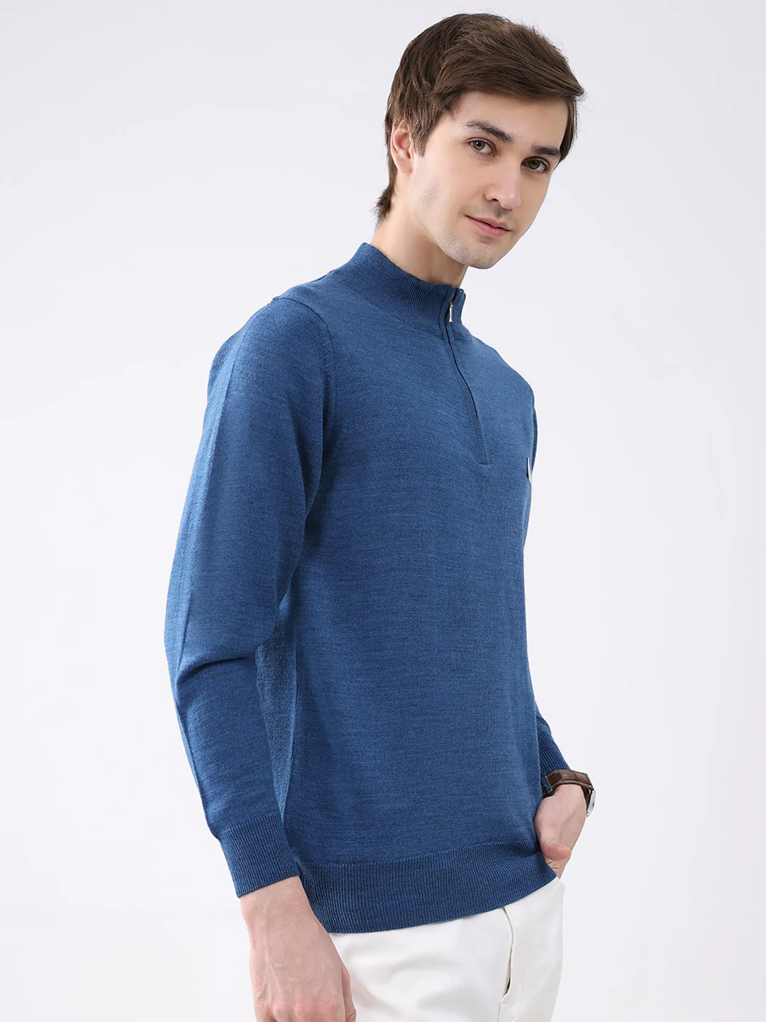 Men Blue Solid Mock Neck Full Sleeve Pullover - Image 4