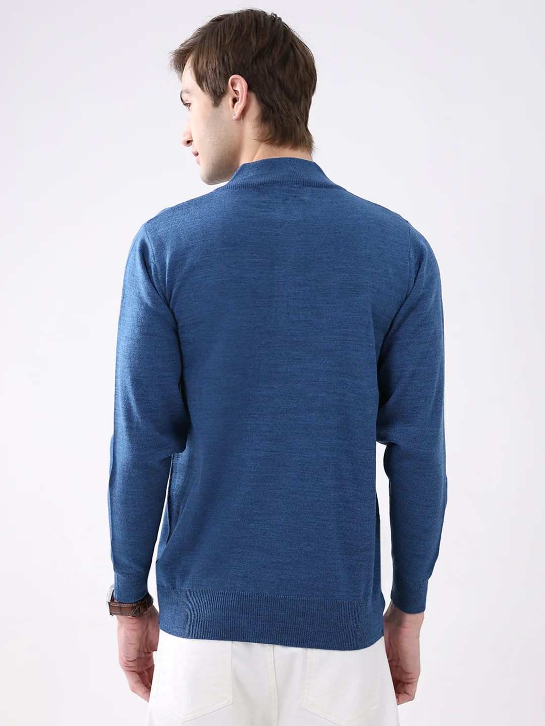 Men Blue Solid Mock Neck Full Sleeve Pullover - Image 5