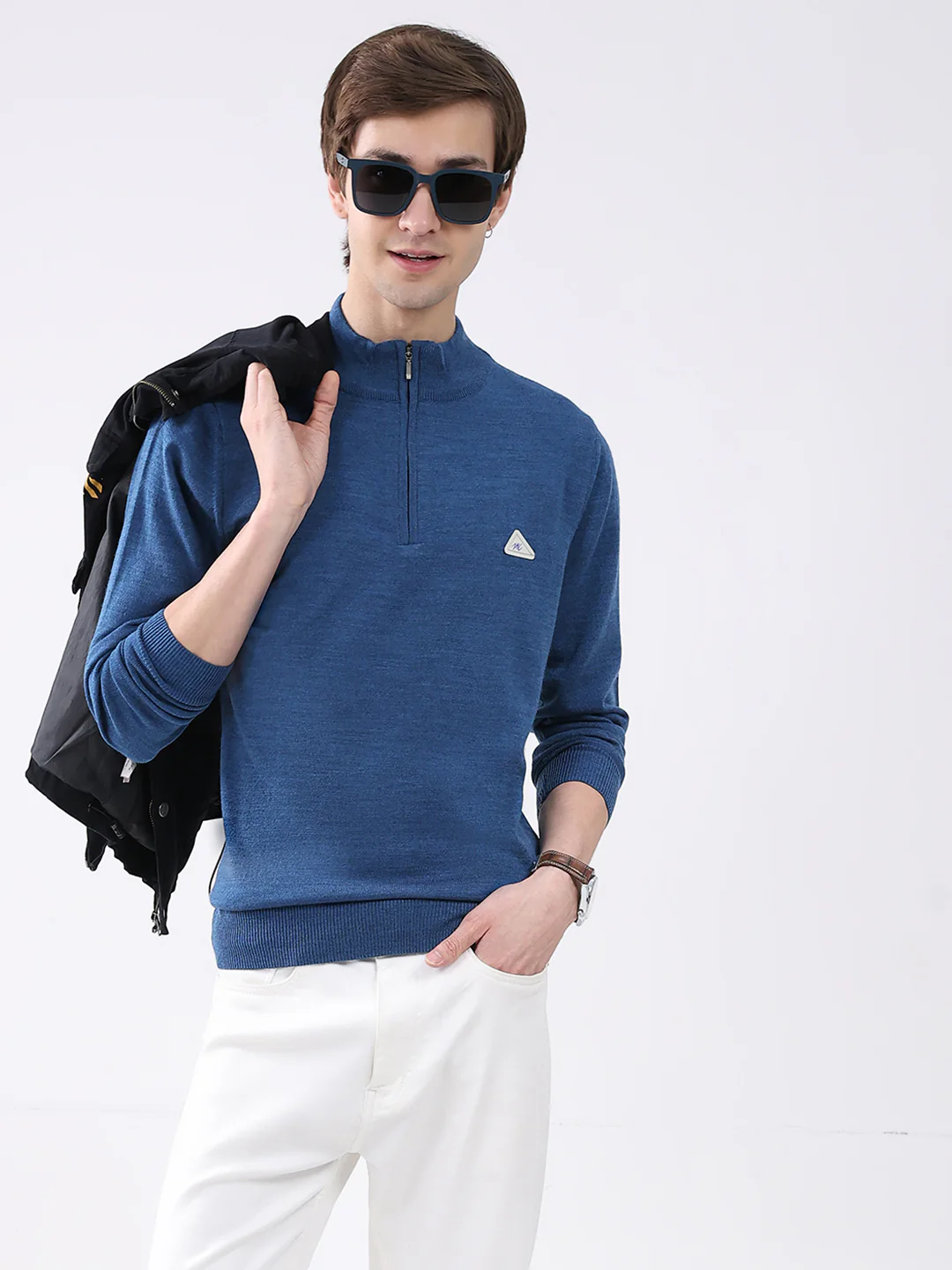 Men Blue Solid Mock Neck Full Sleeve Pullover - Image 6