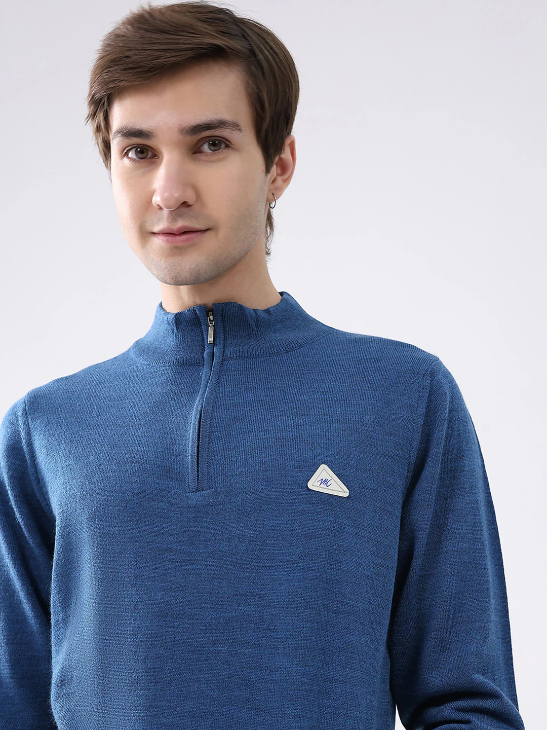 Men Blue Solid Mock Neck Full Sleeve Pullover - Image 7