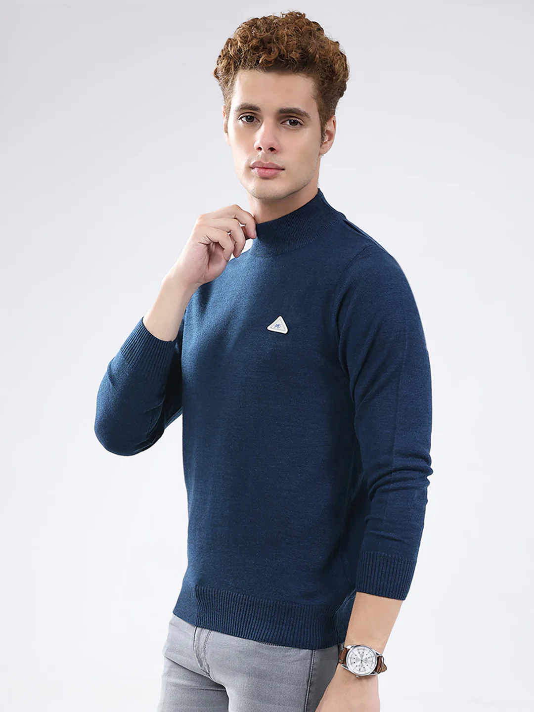 Men Blue Solid Mock Neck Full Sleeve Pullover - Image 3