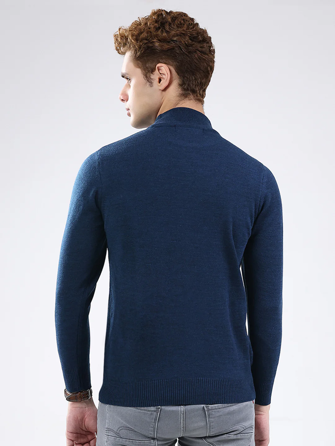 Men Blue Solid Mock Neck Full Sleeve Pullover - Image 5