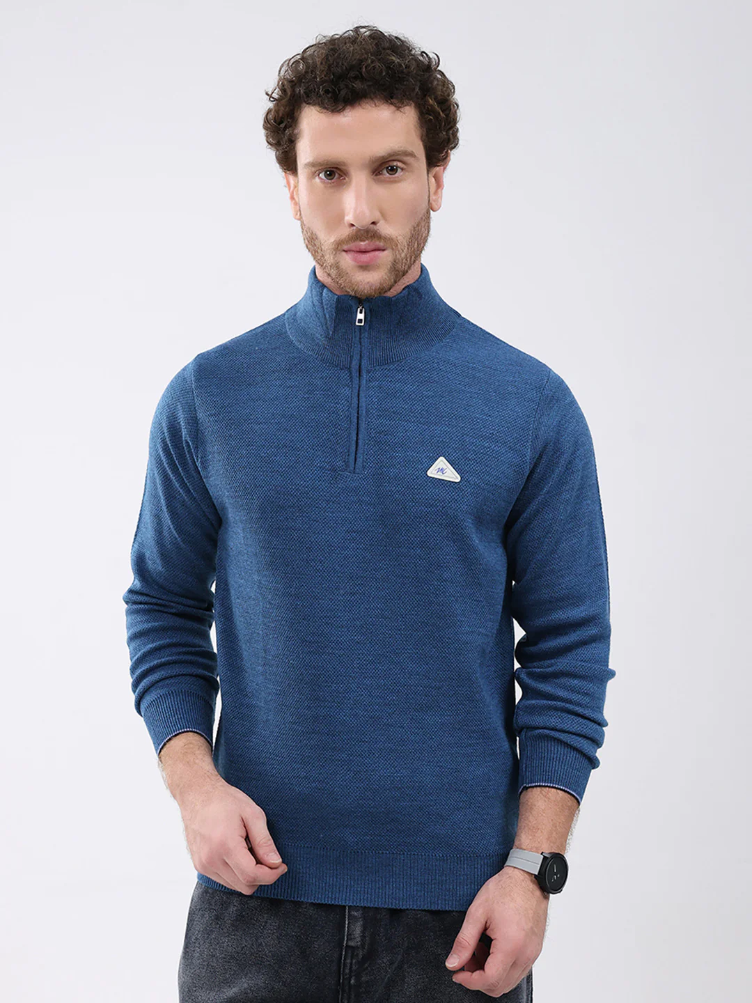 Men Blue Solid Mock Neck Full Sleeve Pullover