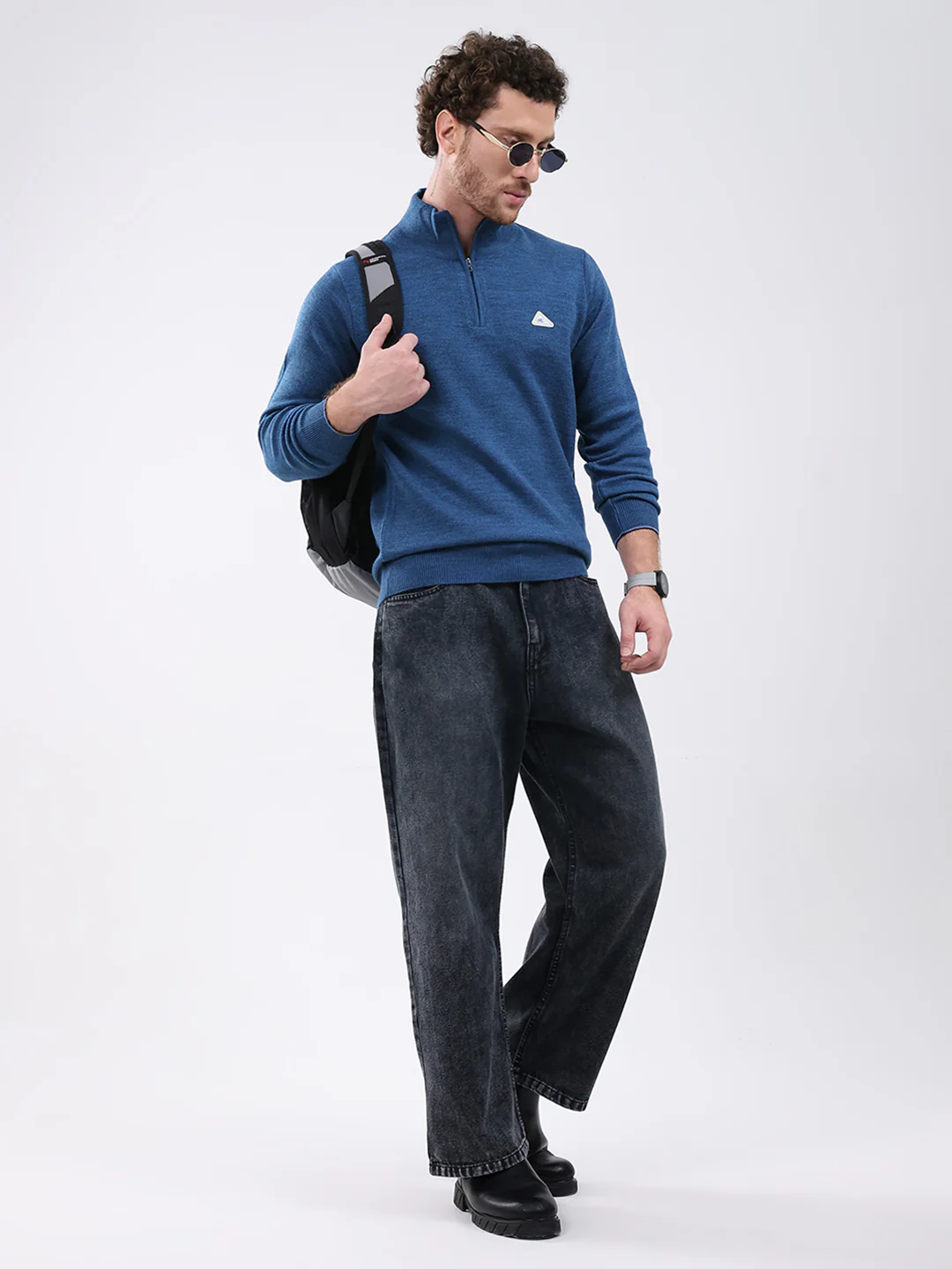 Men Blue Solid Mock Neck Full Sleeve Pullover - Image 2