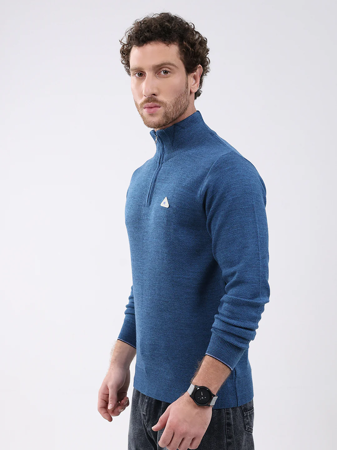 Men Blue Solid Mock Neck Full Sleeve Pullover - Image 3