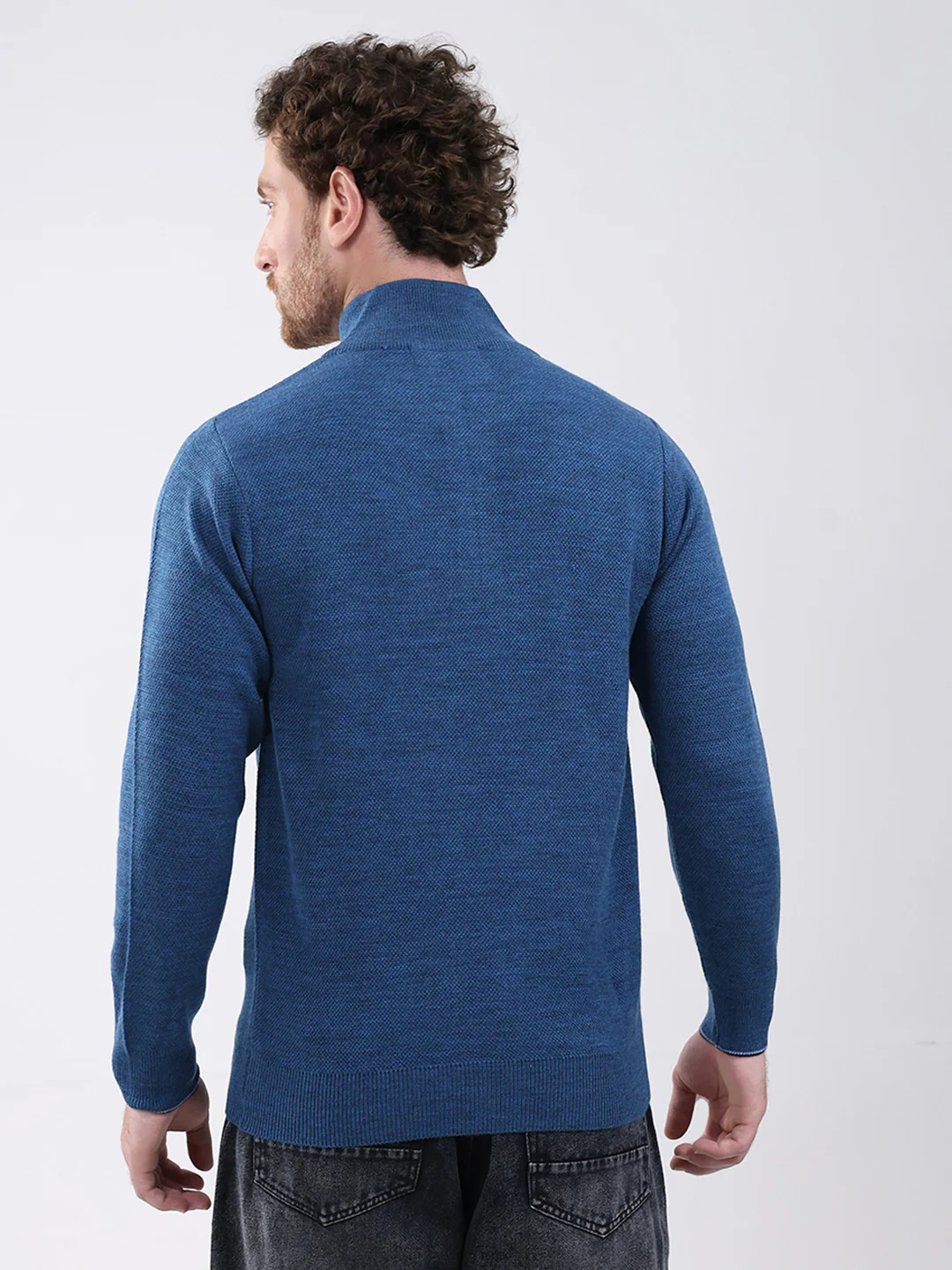 Men Blue Solid Mock Neck Full Sleeve Pullover - Image 5