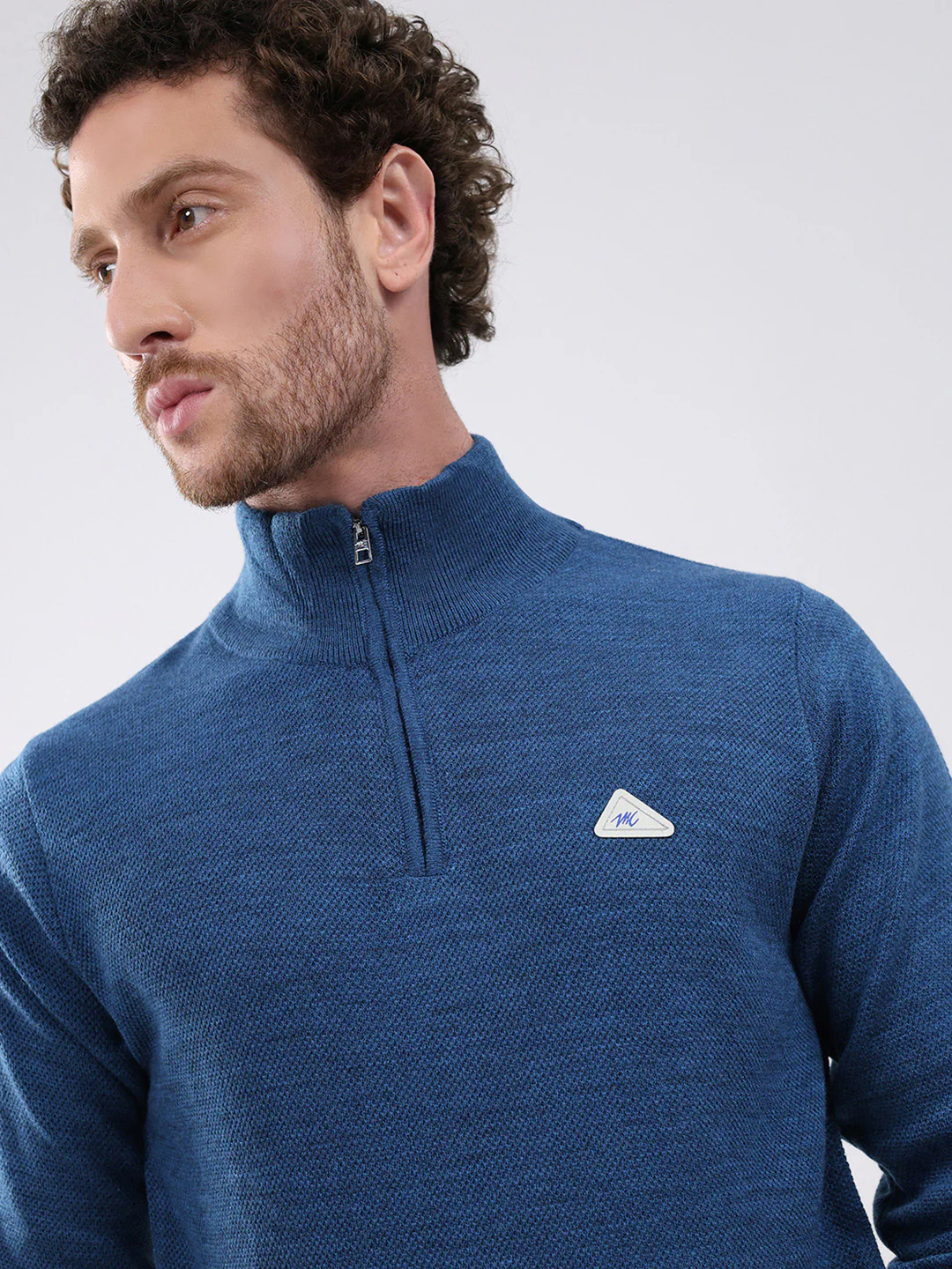 Men Blue Solid Mock Neck Full Sleeve Pullover - Image 7