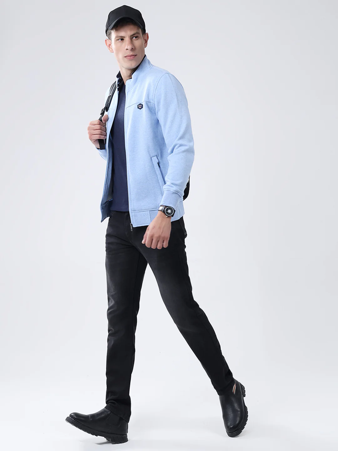 Men Blue Solid Mock Neck Full Sleeve Sweatshirt - Image 2