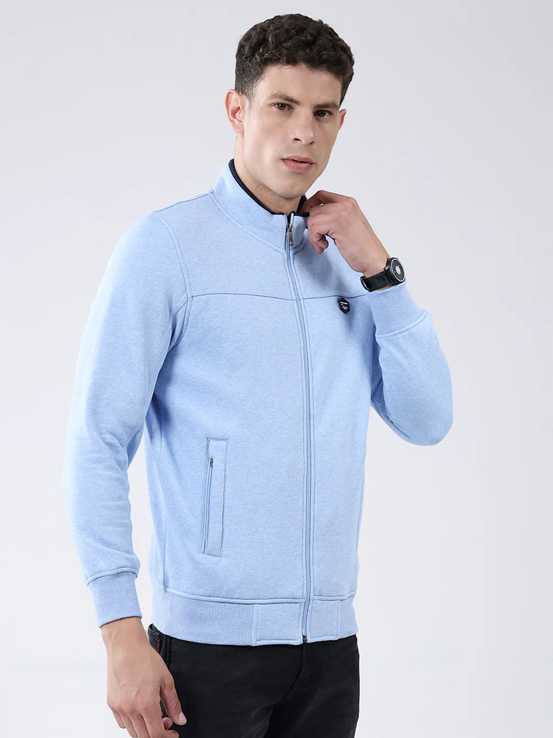 Men Blue Solid Mock Neck Full Sleeve Sweatshirt - Image 4