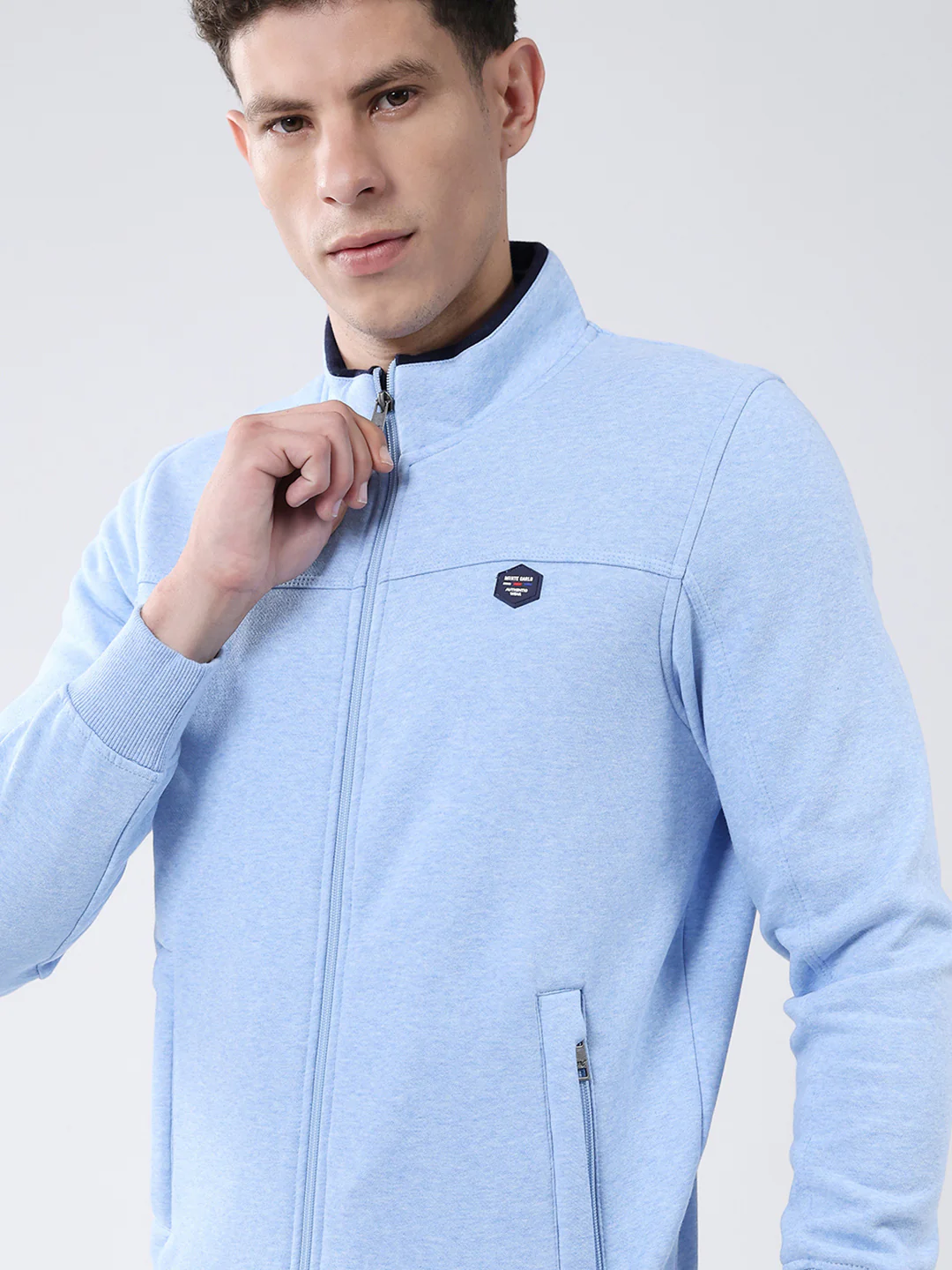 Men Blue Solid Mock Neck Full Sleeve Sweatshirt - Image 6