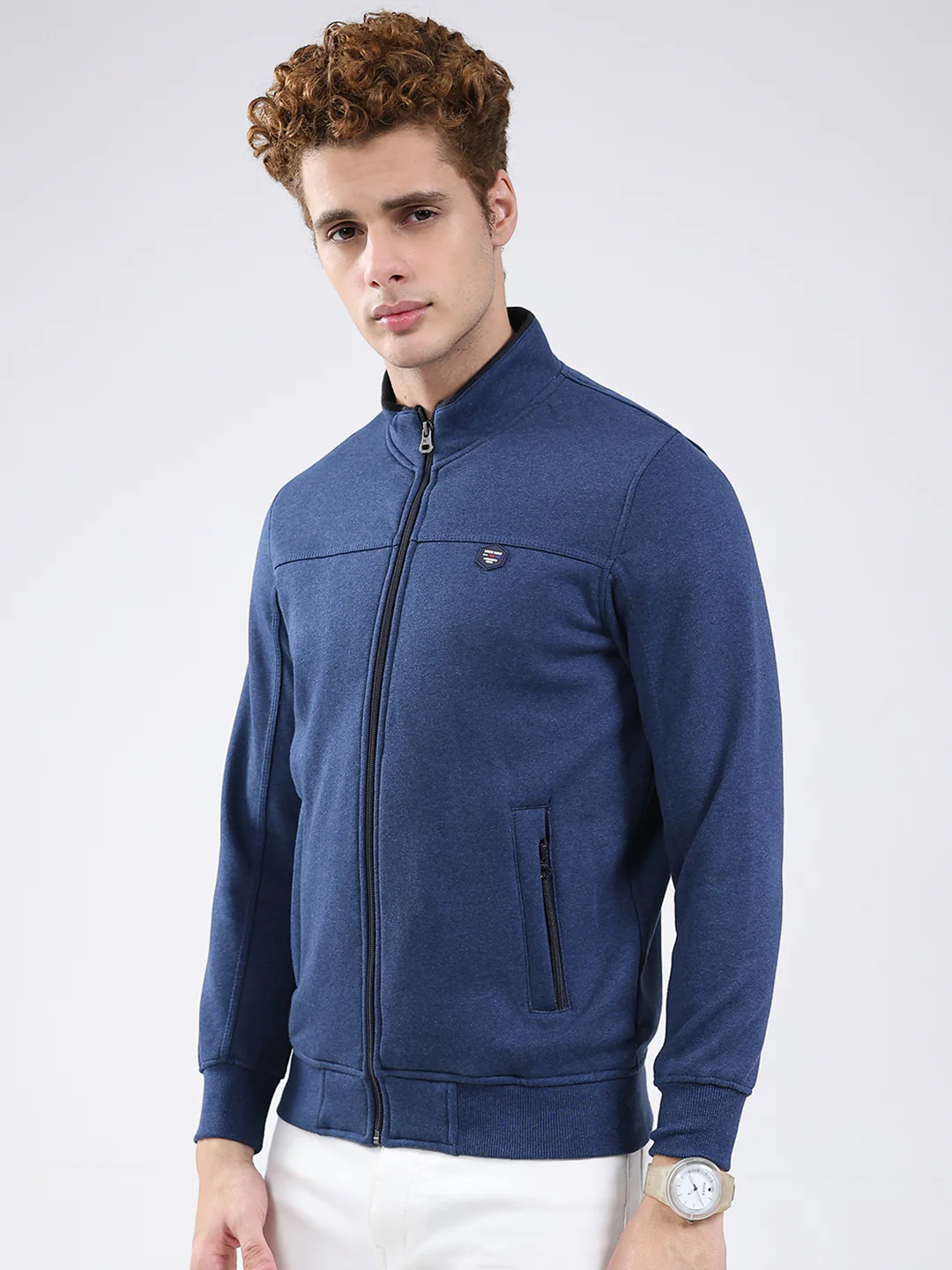 Men Blue Solid Mock Neck Full Sleeve Sweatshirt - Image 3