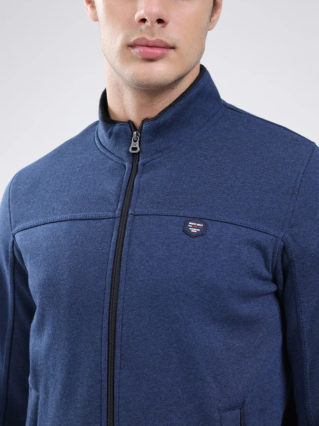 Men Blue Solid Mock Neck Full Sleeve Sweatshirt - Image 6
