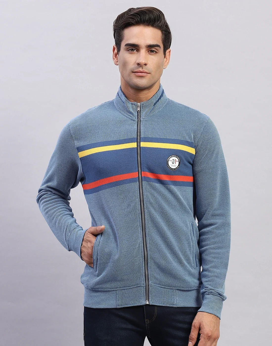 Men Blue Solid Mock Neck Full Sleeve Sweatshirt - Image 2