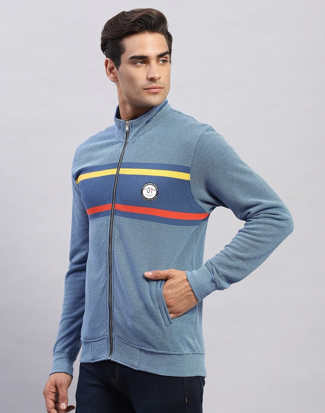 Men Blue Solid Mock Neck Full Sleeve Sweatshirt - Image 3