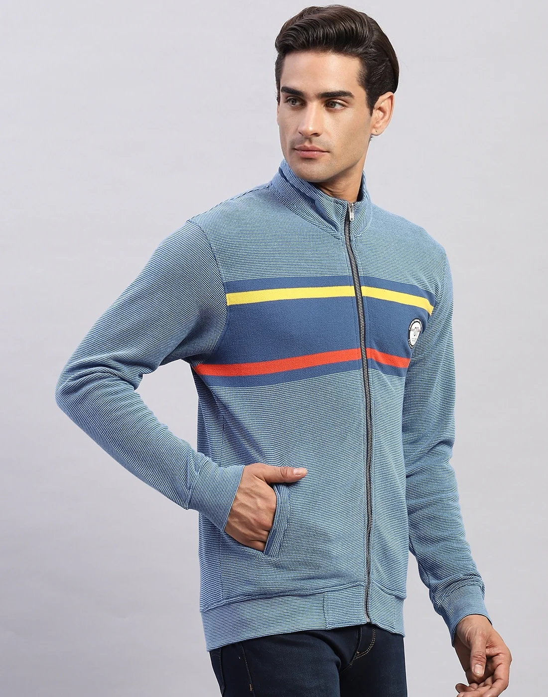 Men Blue Solid Mock Neck Full Sleeve Sweatshirt - Image 4