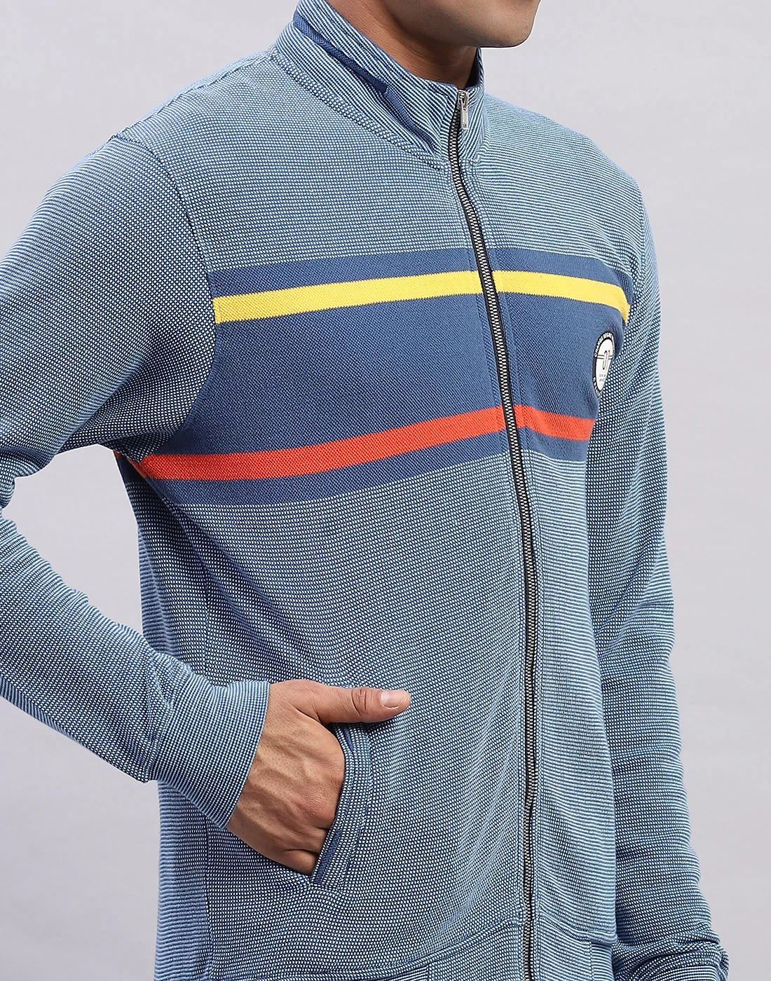 Men Blue Solid Mock Neck Full Sleeve Sweatshirt - Image 6