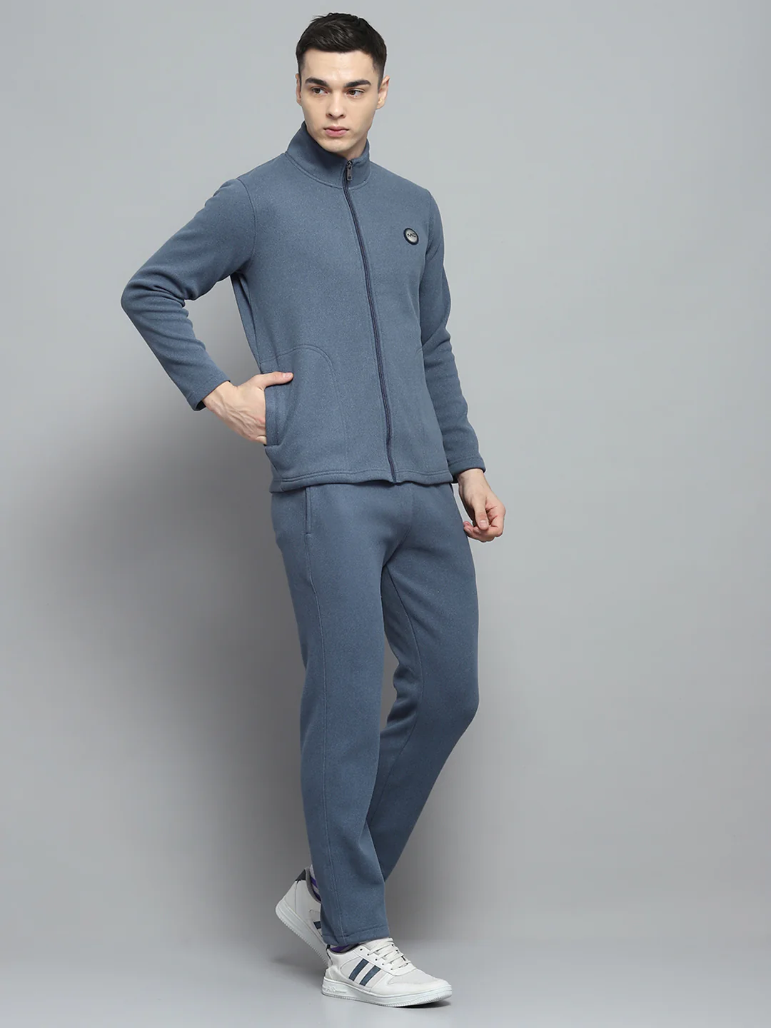 Men Blue Solid Mock Neck Full Sleeve Winter Tracksuit - Image 4