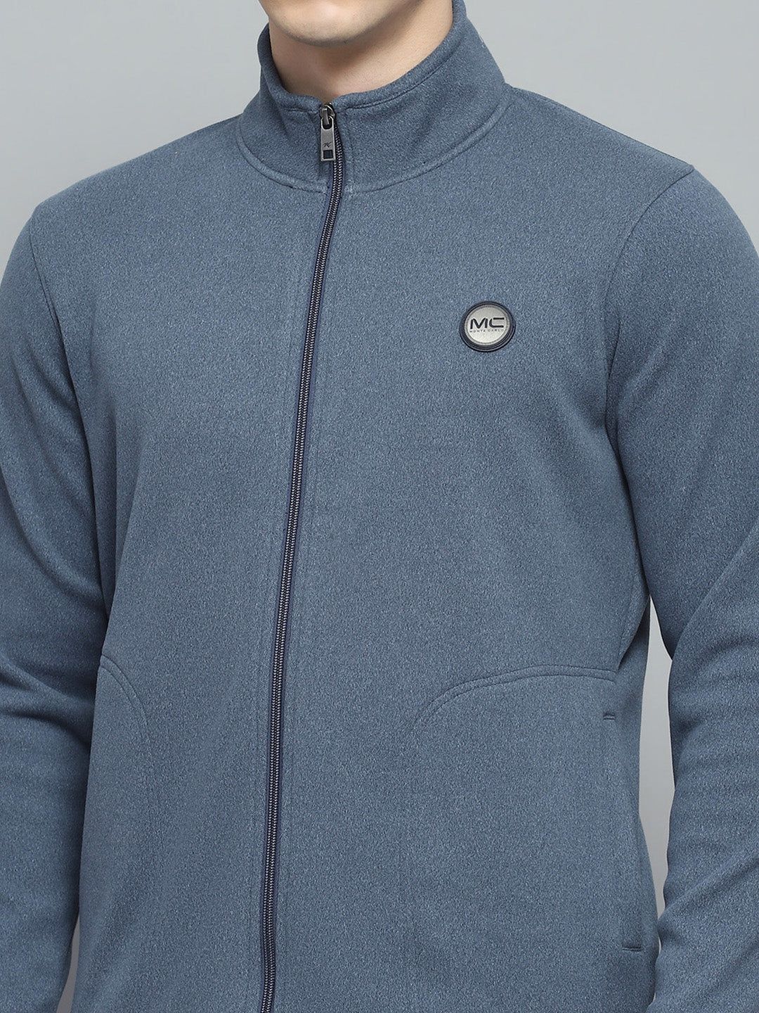 Men Blue Solid Mock Neck Full Sleeve Winter Tracksuit - Image 6