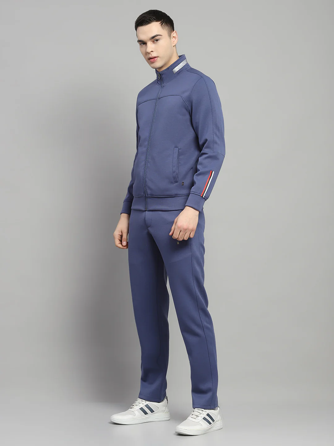 Men Blue Solid Mock Neck Full Sleeve Winter Tracksuit - Image 3