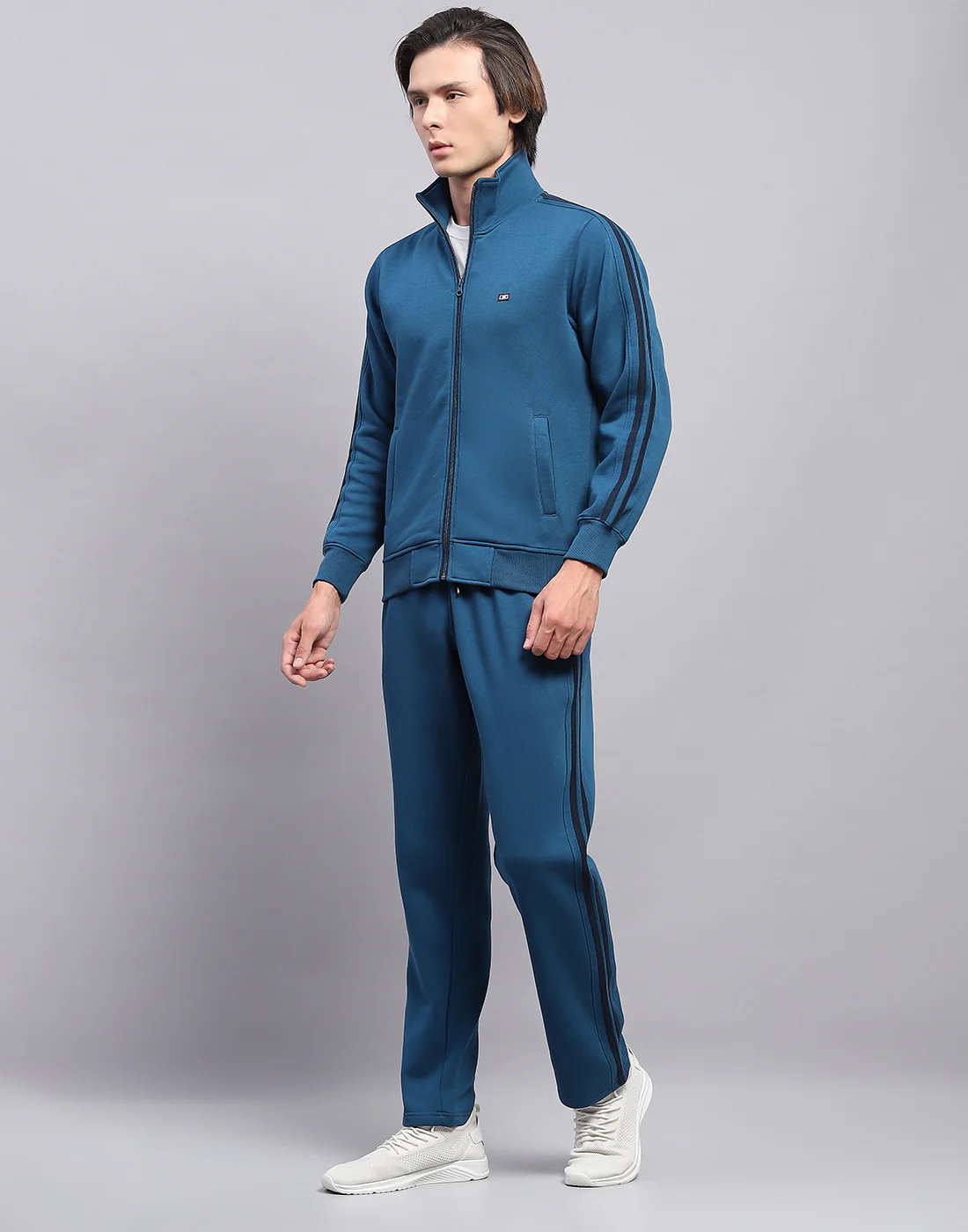 Men Blue Solid Mock Neck Full Sleeve Winter Tracksuit - Image 3