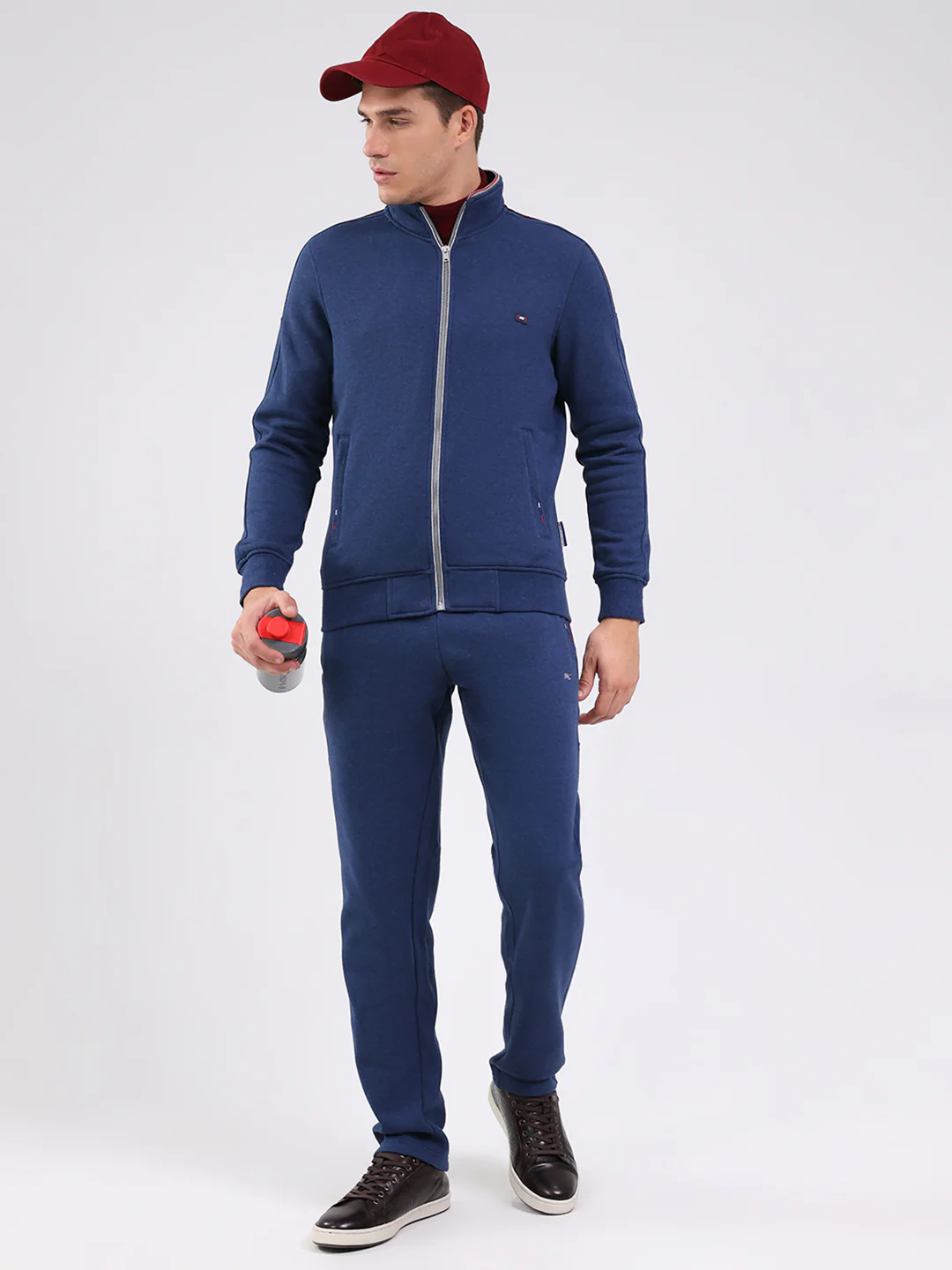 Men Blue Solid Mock Neck Full Sleeve Winter Tracksuit - Image 2