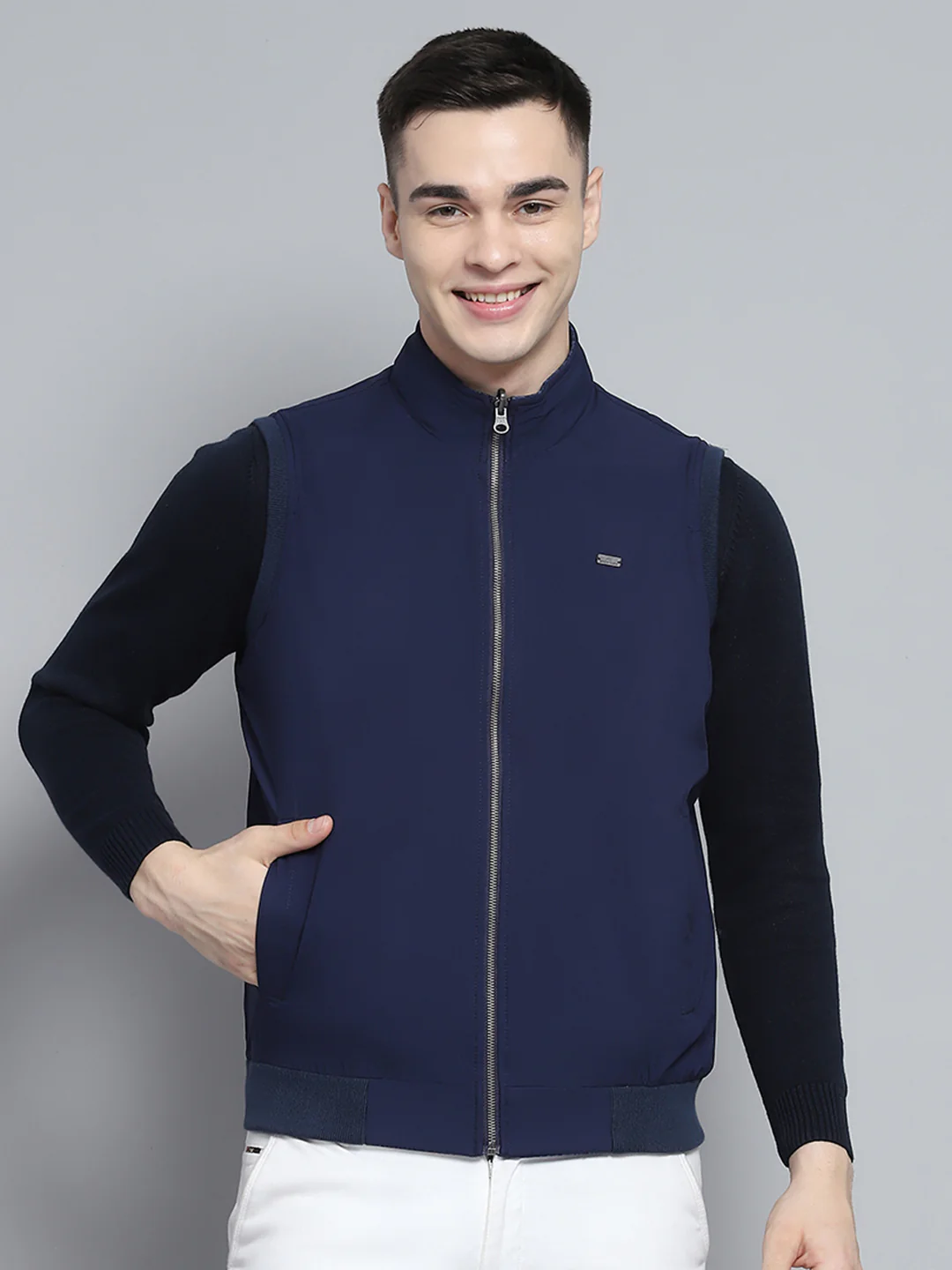 Men Blue Solid Mock Neck Sleeveless Reversible Jacket - Image 7
