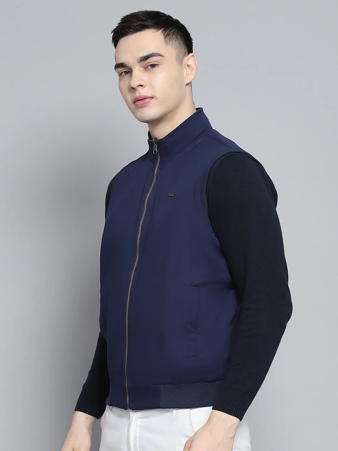 Men Blue Solid Mock Neck Sleeveless Reversible Jacket - Image 8