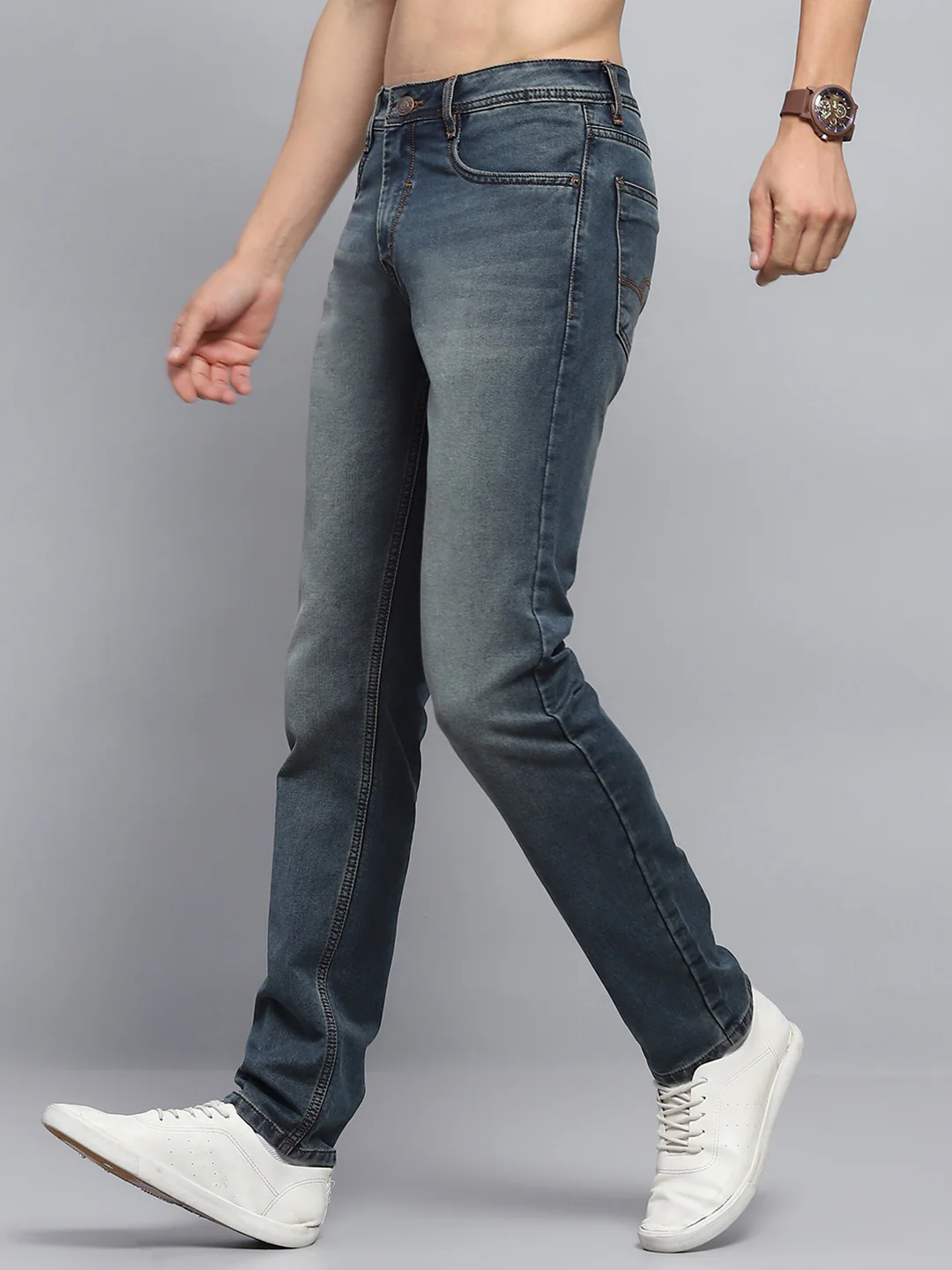 Men Blue Solid Narrow Fit Denim - Image 3