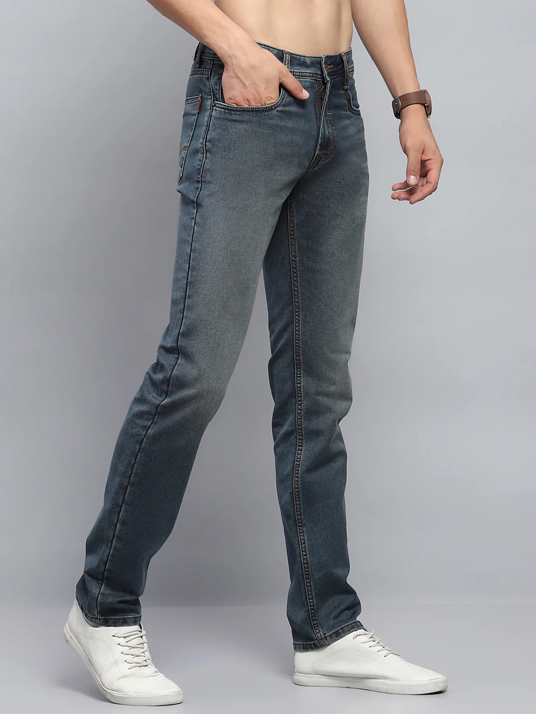 Men Blue Solid Narrow Fit Denim - Image 4