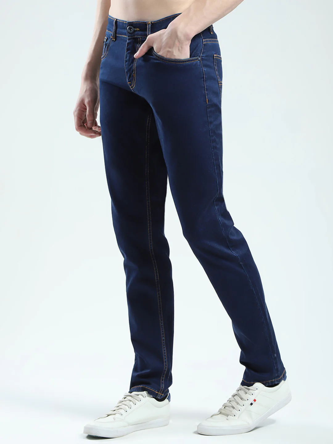 Men Blue Solid Narrow Fit Denim - Image 3