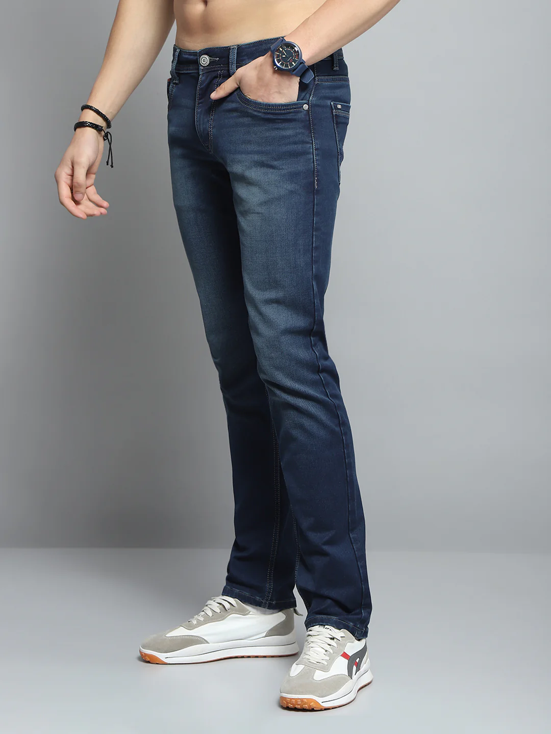 Men Blue Solid Narrow Fit Denim - Image 3