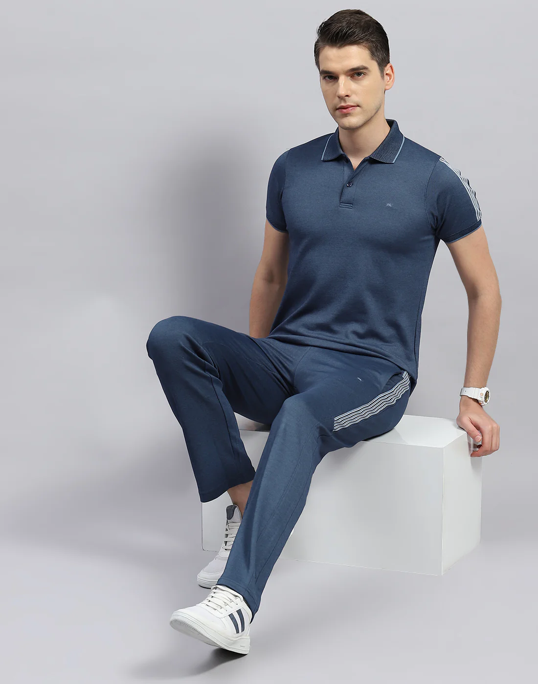 Men Blue Solid Polo Collar Half Sleeve Lower Set - Image 2