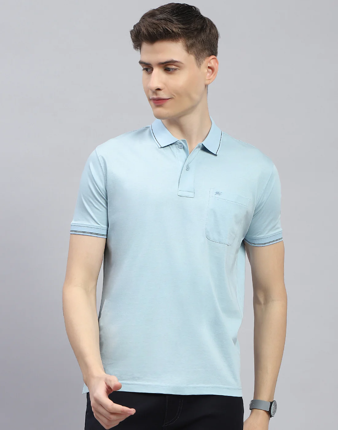 Men Blue Solid Polo Collar Half Sleeve T-Shirt - Image 3