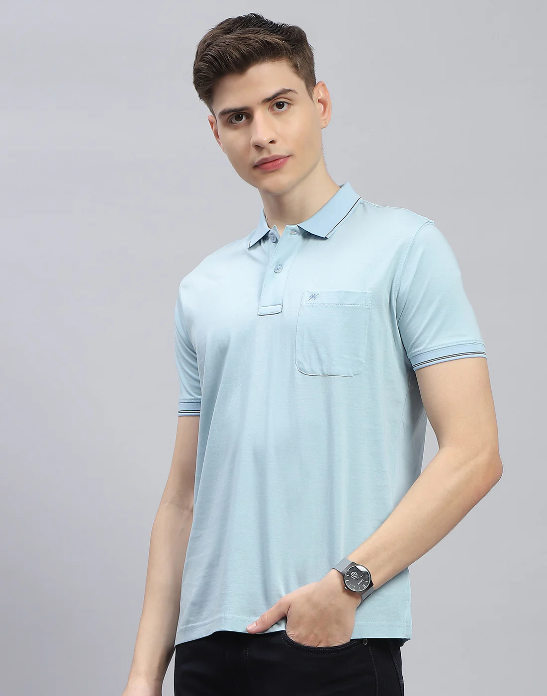 Men Blue Solid Polo Collar Half Sleeve T-Shirt - Image 4