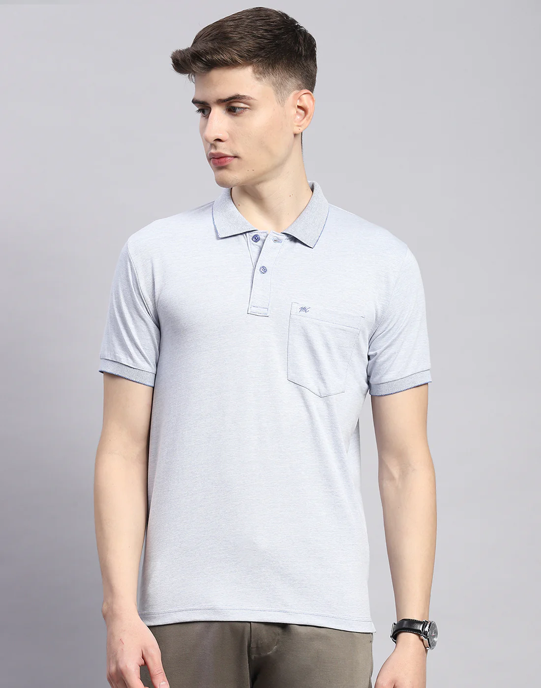 Men Blue Solid Polo Collar Half Sleeve T-Shirt - Image 3