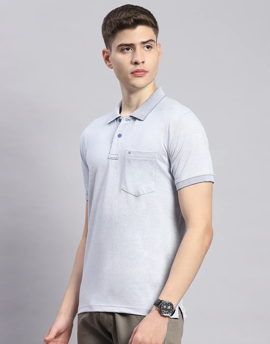 Men Blue Solid Polo Collar Half Sleeve T-Shirt - Image 5