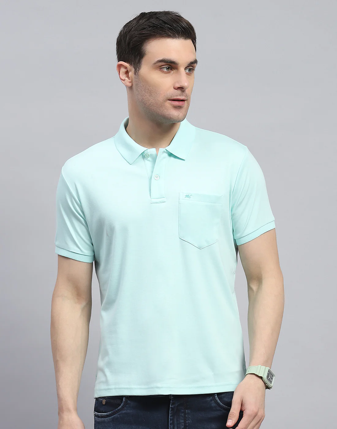 Men Blue Solid Polo Collar Half Sleeve T-Shirt - Image 3