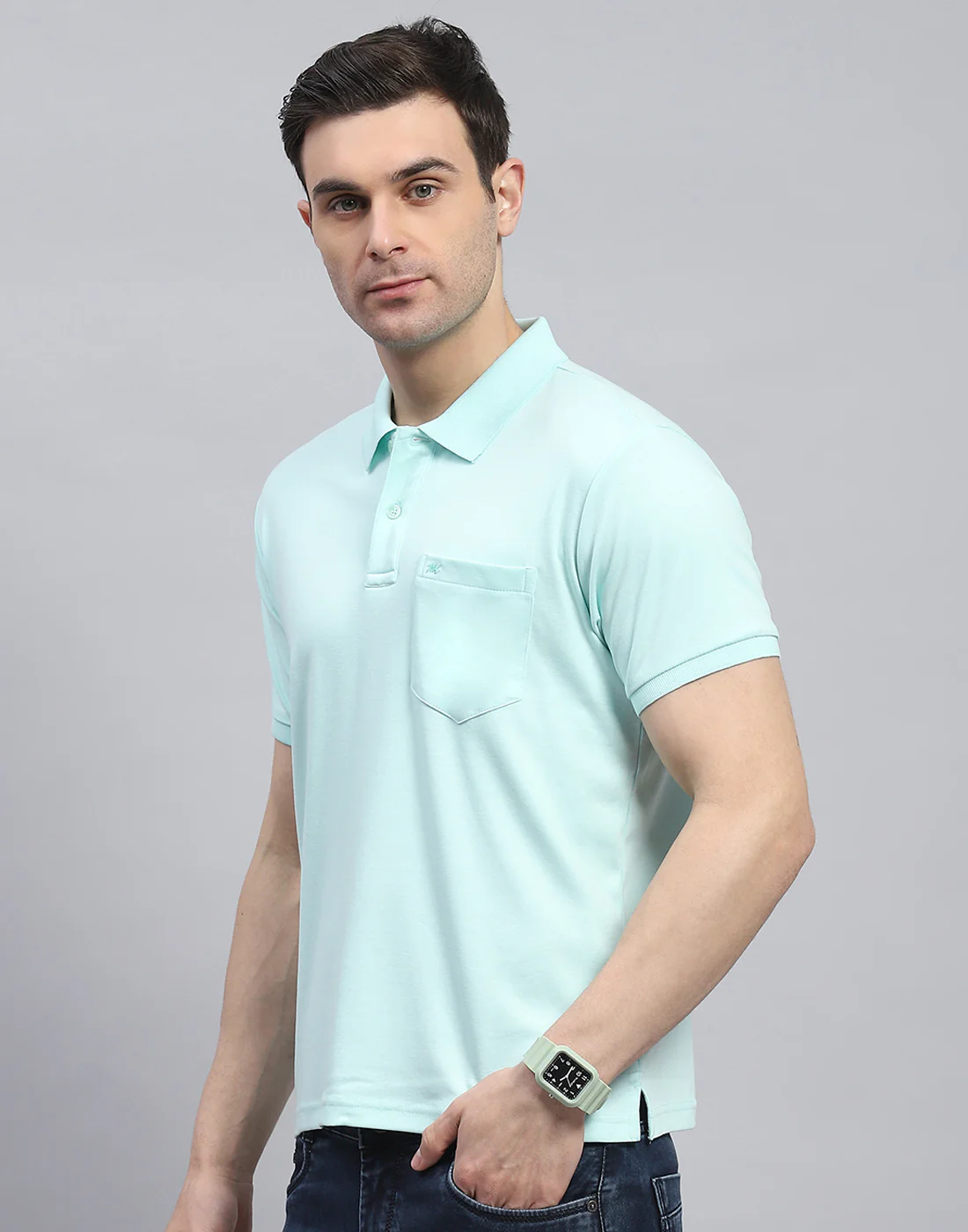Men Blue Solid Polo Collar Half Sleeve T-Shirt - Image 4