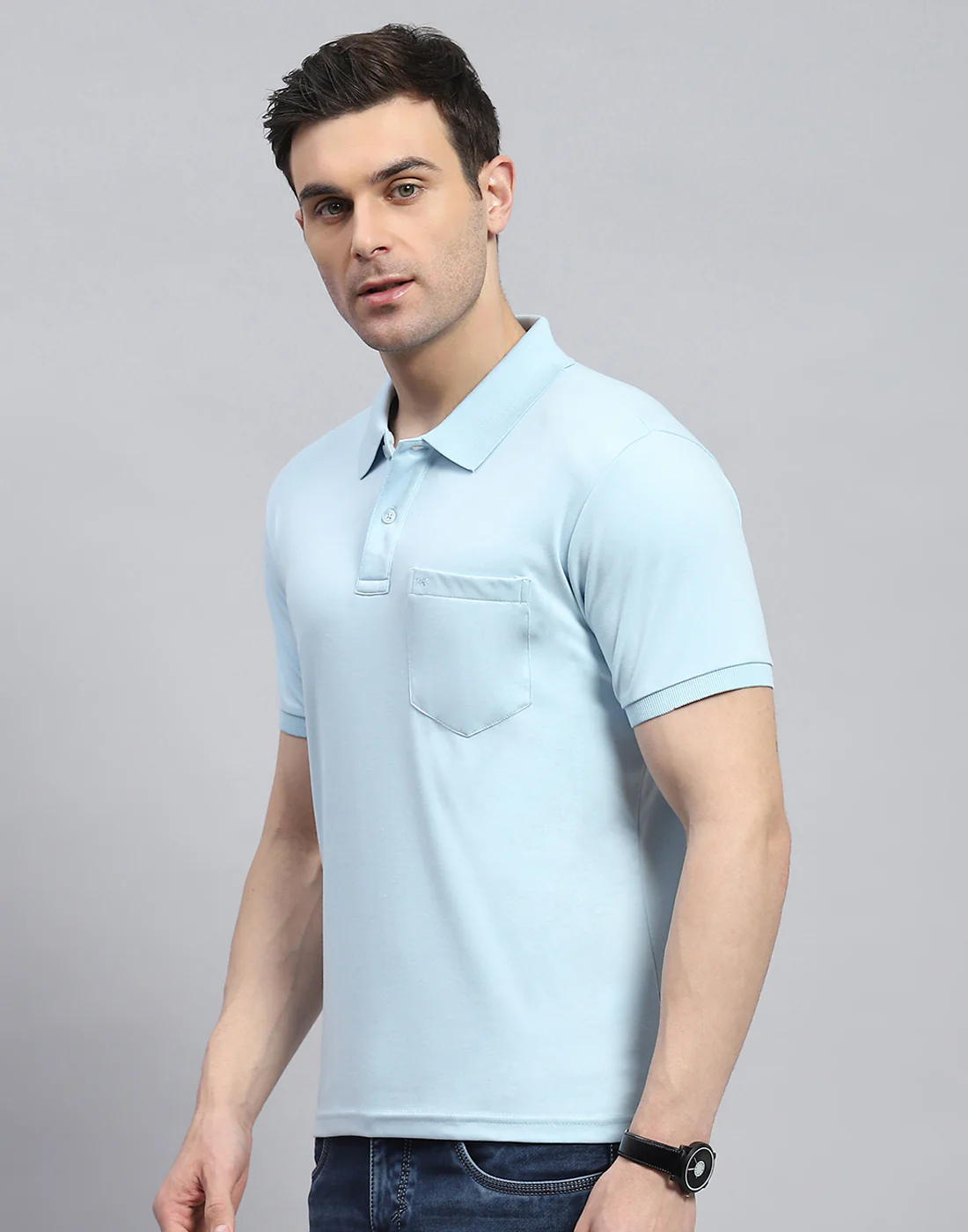 Men Blue Solid Polo Collar Half Sleeve T-Shirt - Image 3