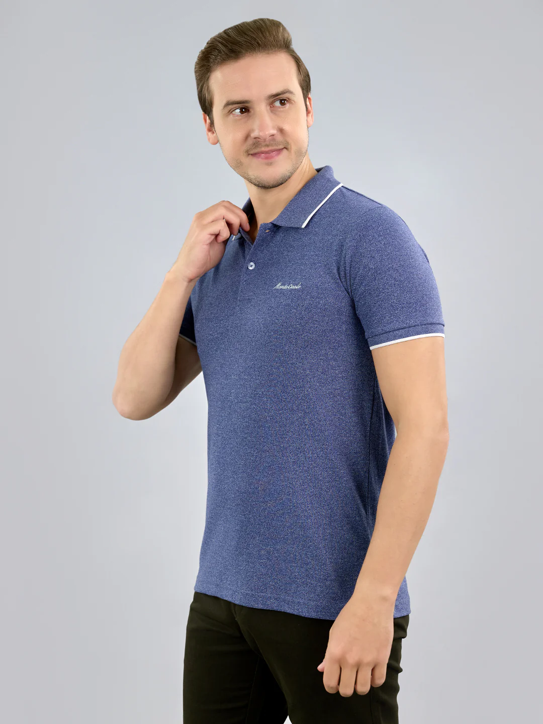 Men Blue Solid Polo Collar Half Sleeve T-Shirt - Image 2